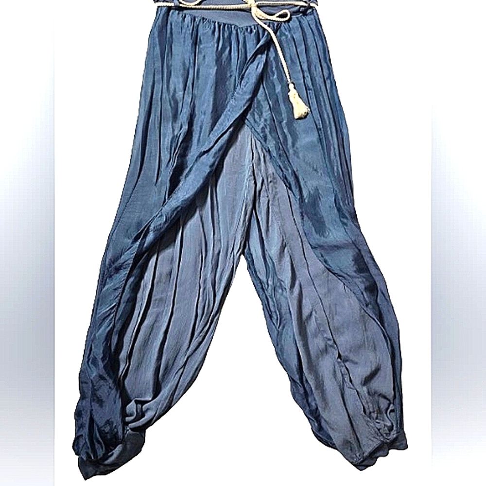NWT, MEO MELL BLUE SILK HAREM WRAP JOGGER PANTS, one size - Picture 4 of 9